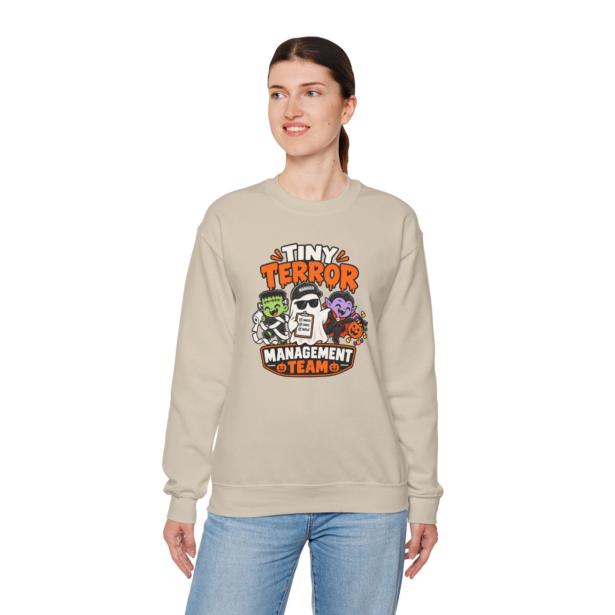 Tiny Terror Management Team Sweatshirt – Funny Halloween Parent Crewneck