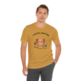 Mustard-yellow crew-neck T-shirt with colorful axolotl reading graphic on front