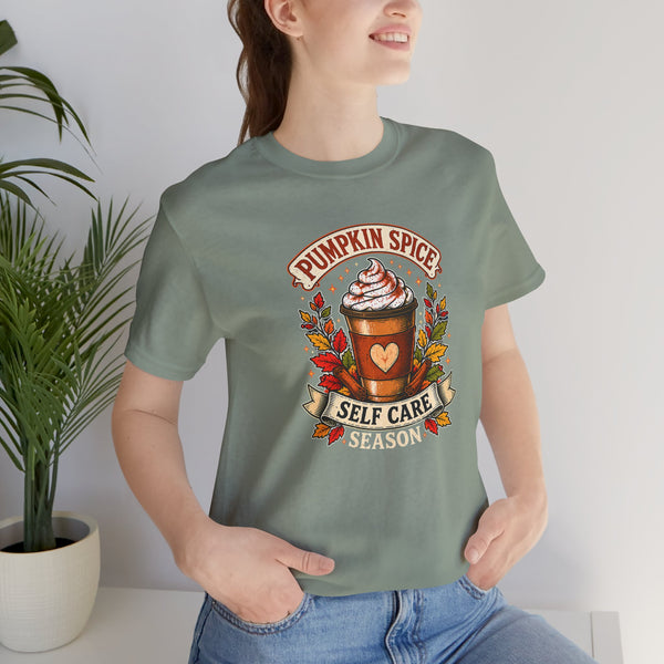 Olive green T-shirt with front "Pumpkin Spice Self Care Season" coffee graphic