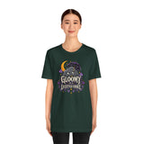 Dark green short-sleeve t-shirt with colorful gothic graphic print on chest