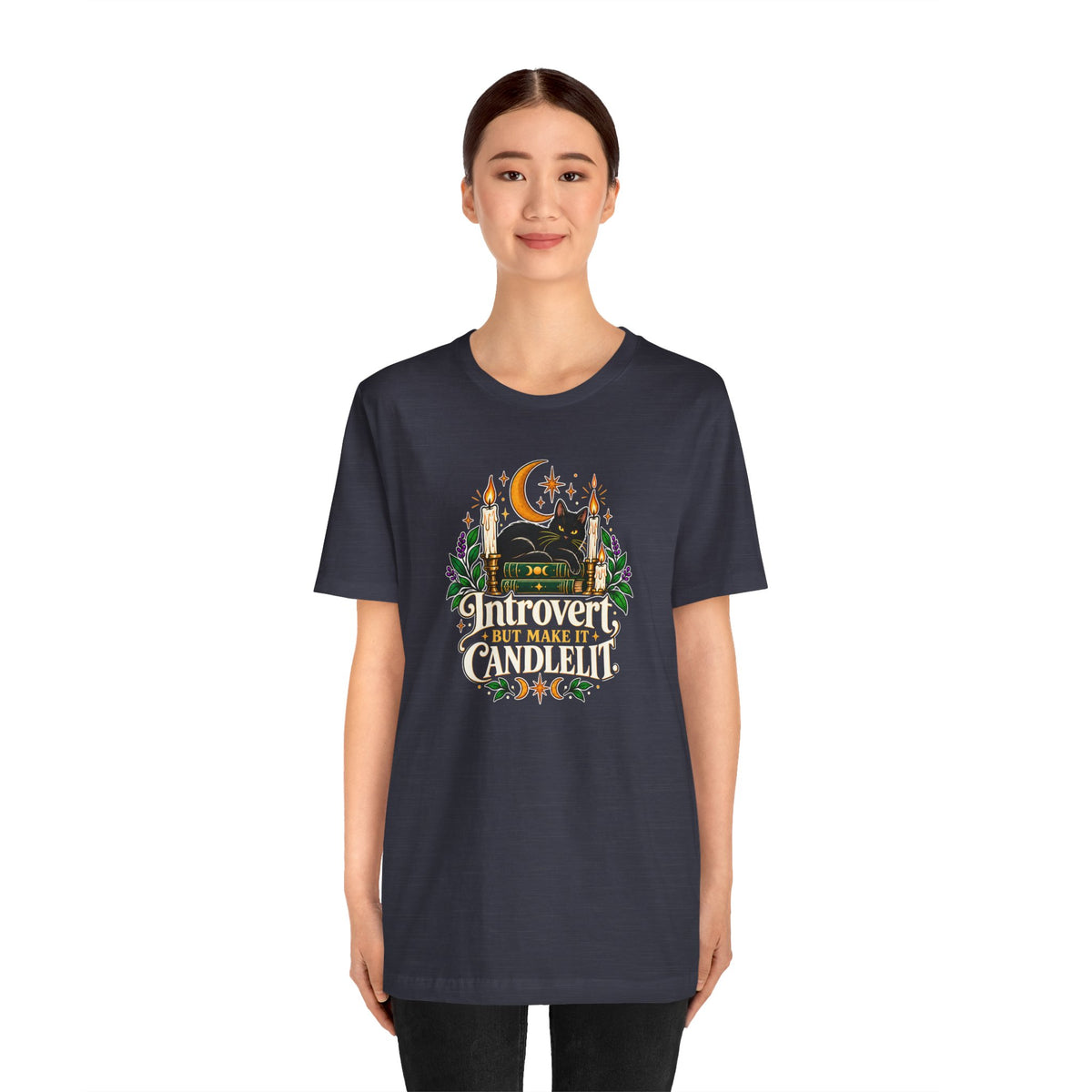 Introvert But Make It Candlelit T-shirt - Witchy Bookish Cat Tee
