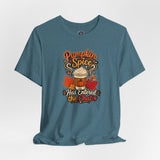 Heather teal crew-neck T-shirt with centered pumpkin spice coffee graphic, flat lay