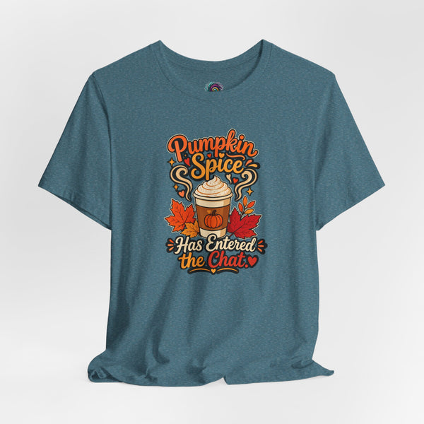 Heather teal crew-neck T-shirt with centered pumpkin spice coffee graphic, flat lay
