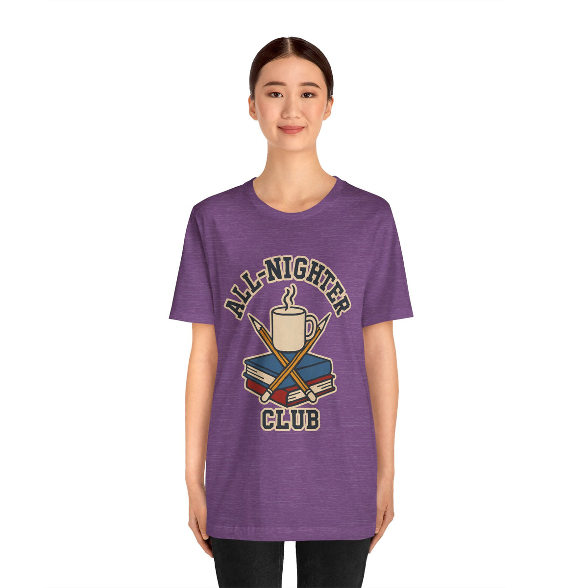 Purple crew-neck t-shirt on model; 'All-Nighter Club' coffee and books print