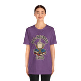 Purple crew-neck t-shirt on model; 'All-Nighter Club' coffee and books print