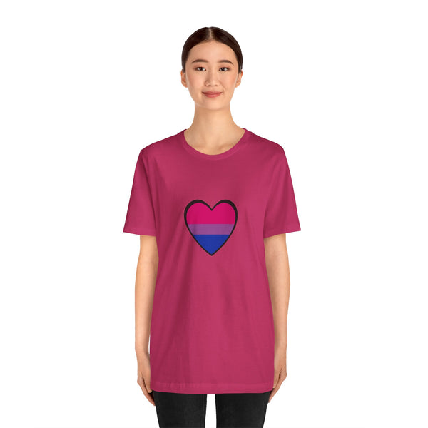 Pink crew-neck T-shirt with centered blue and pink pride heart graphic