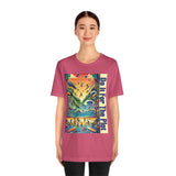 Pink graphic T-shirt on model, short sleeves and rectangular front print