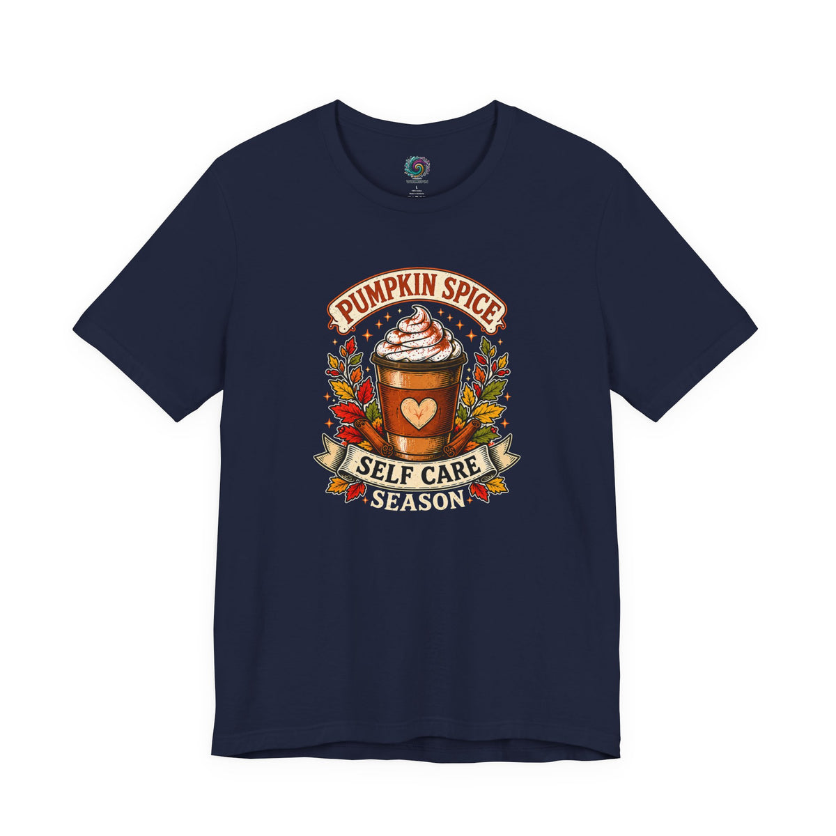 Navy graphic T-shirt with pumpkin spice coffee cup and “Self Care Season” print