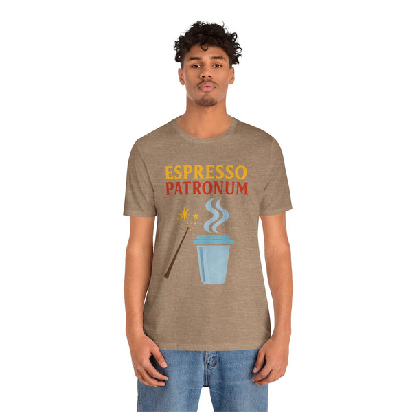 Heather tan crew-neck T-shirt with “Espresso Patronum” text and steaming coffee cup print