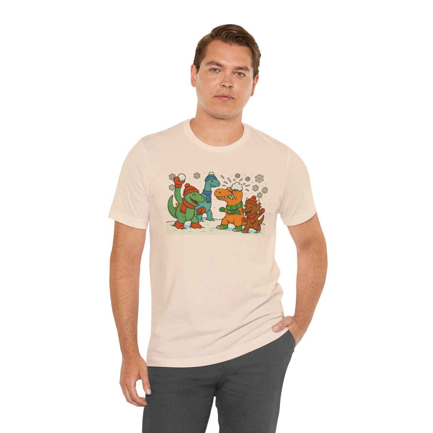 Dinosaur Snowball Fight T-Shirt – Funny Winter Dino Graphic Tee
