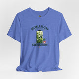 Blue crew-neck T-shirt with “Social Battery” garden mode text and plant battery illustration
