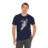 Navy short-sleeve T-shirt with front graphic of a standing character in a top hat