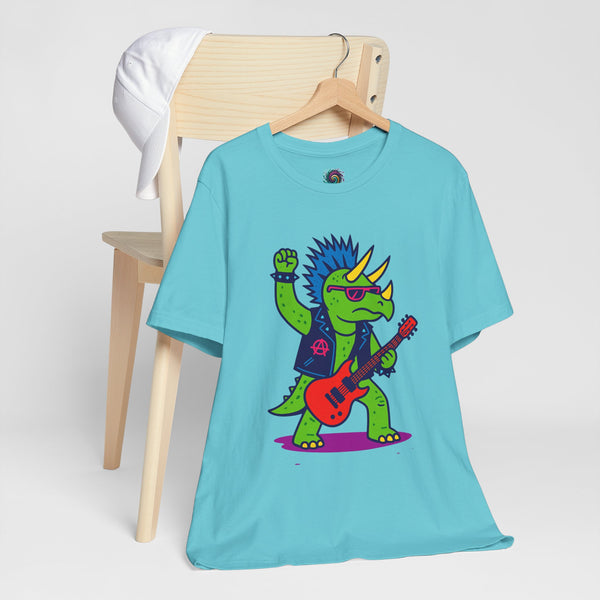 Turquoise crew-neck graphic t-shirt with punk triceratops playing red electric guitar