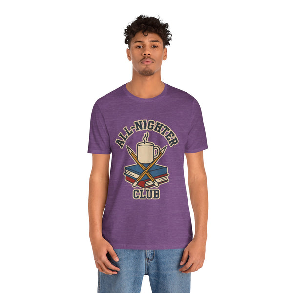 Purple crew-neck t-shirt with large 'All-Nighter Club' coffee, books, and lightning graphic