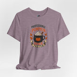 Heather mauve crewneck short-sleeve T-shirt with pumpkin spice taster graphic