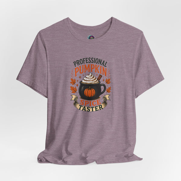 Heather mauve crewneck short-sleeve T-shirt with pumpkin spice taster graphic