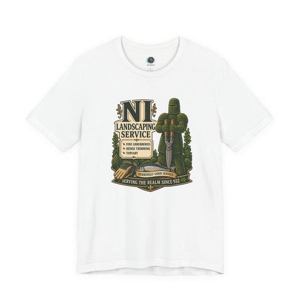 White crew-neck T-shirt with green gardening-themed graphic on the chest