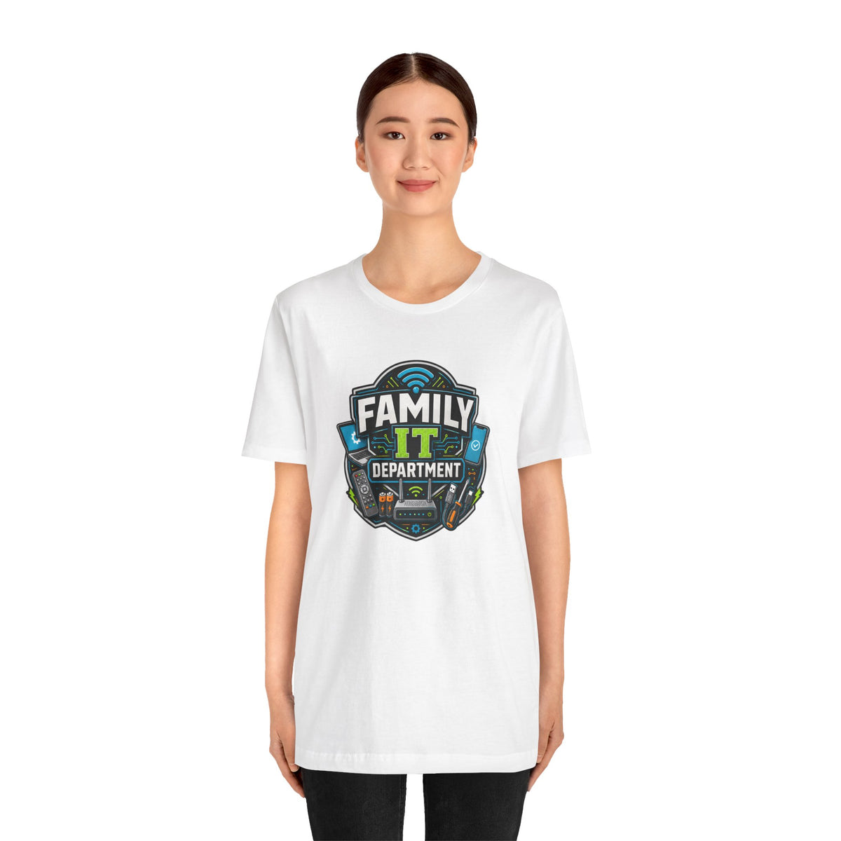 White crewneck T-shirt with “FAMILY IT DEPARTMENT” IT badge graphic on front