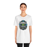 White crewneck T-shirt with “FAMILY IT DEPARTMENT” IT badge graphic on front
