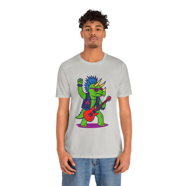 Heather gray T-shirt with punk triceratops and red electric guitar front graphic