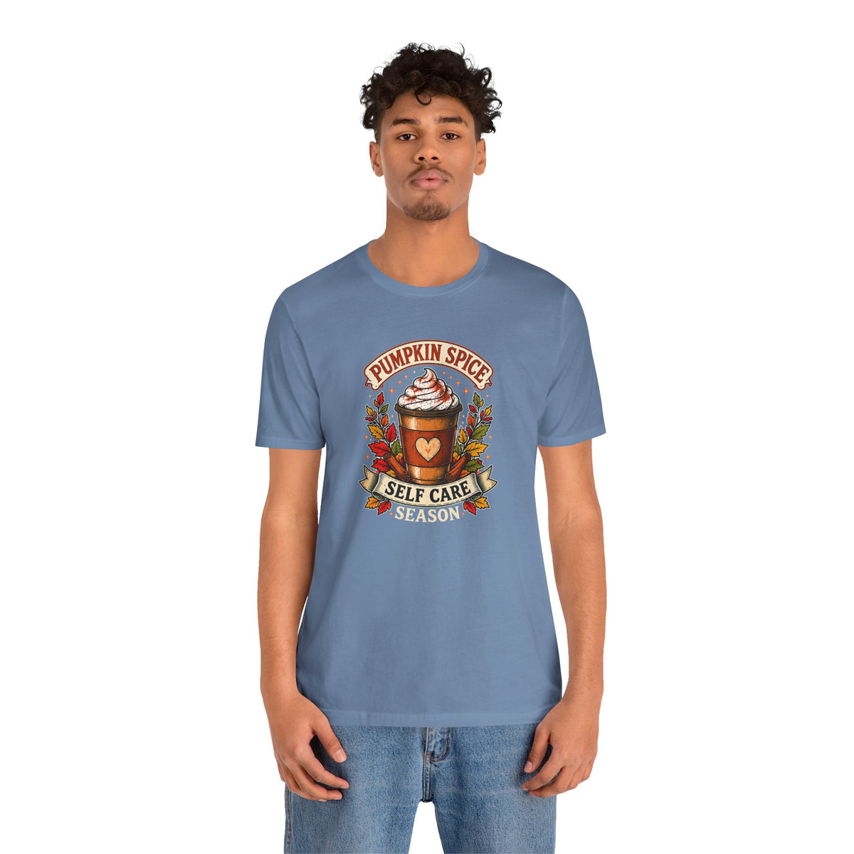 Steel blue crew-neck T-shirt with pumpkin spice self-care season design