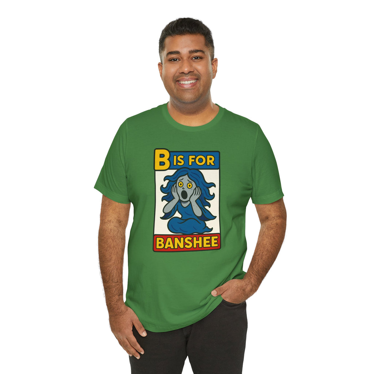 Green crew-neck T-shirt with front B is for Banshee graphic, short sleeves