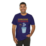 Navy graphic t-shirt with “ESPRESSO PATRONUM” and coffee cup illustration on chest