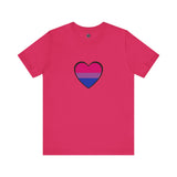 Berry pink bisexual pride heart graphic T-shirt with pink and blue heart design