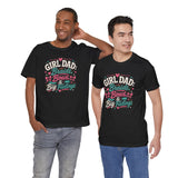 Black crewneck T-shirt with colorful 'Girl Dad' graphic text and heart bows