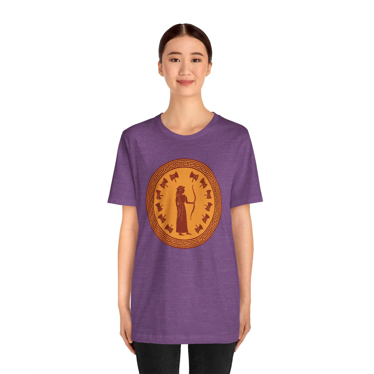Heather purple crew-neck t-shirt with orange circular graphic on chest