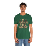 Unisex graphic t-shirt in dark green, featuring a meditating Cthulhu-style chest print