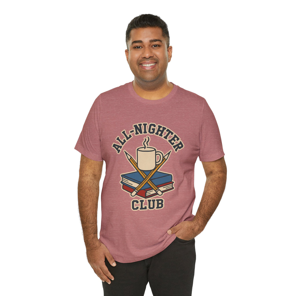 Heather mauve crew-neck T-shirt with 'All-Nighter Club' coffee and crossed books graphic