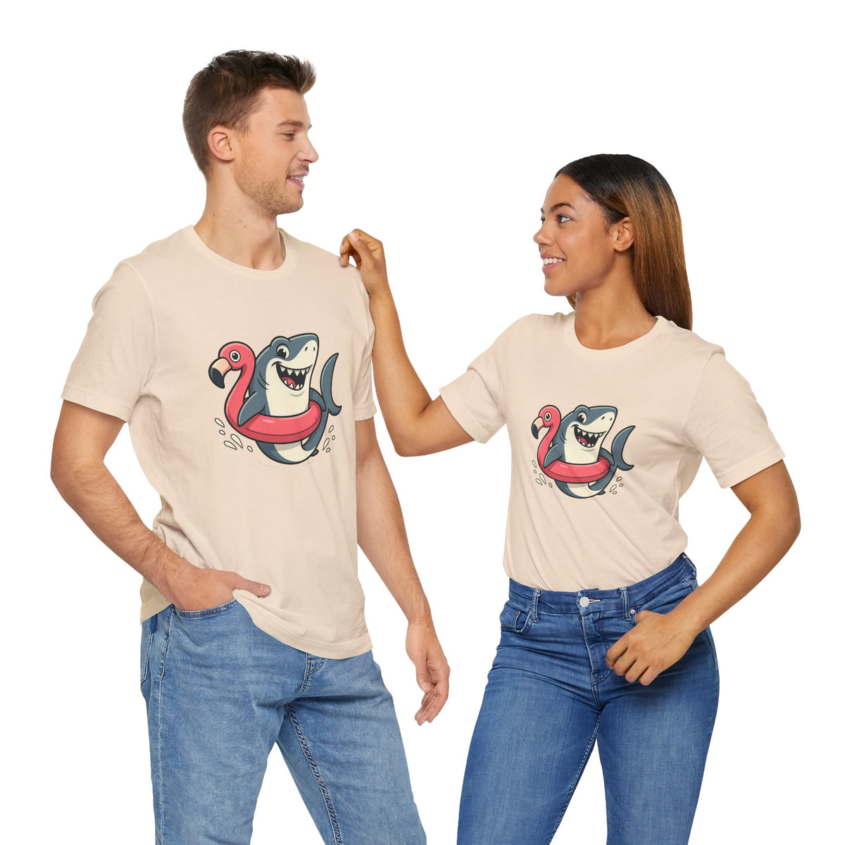 Cream crew-neck t-shirt with shark and flamingo graphic, two models front view