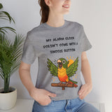 Heather gray parrot alarm T-shirt close-up, front slogan and winged bird graphic
