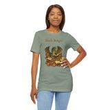 Sage green crewneck t-shirt with dragon and book stacks print on chest