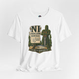 White T-shirt with green medieval landscaping crest graphic, crew neck