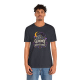 Dark gray crew-neck T-shirt with colorful goth cat and “Gloomy” graphic on front