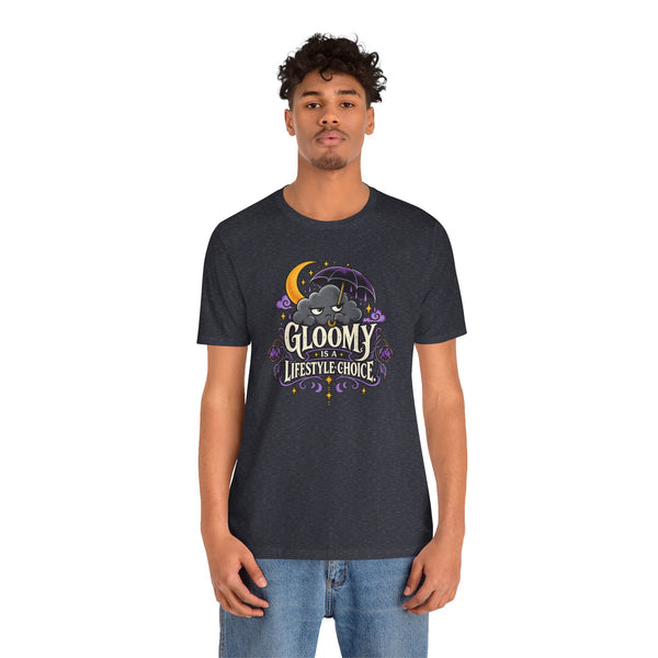 Dark gray crew-neck T-shirt with colorful goth cat and “Gloomy” graphic on front