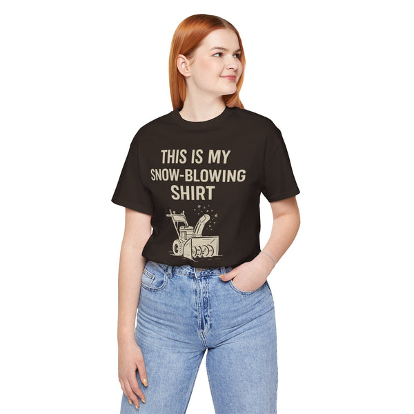 Black crewneck T-shirt with “This Is My Snow-Blowing Shirt” text and snowblower graphic