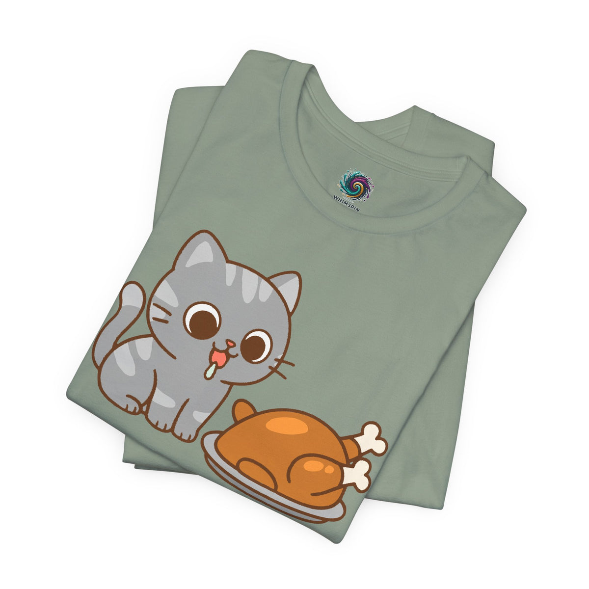Sage green crew-neck T-shirt with gray cat and orange turkey cartoon graphic