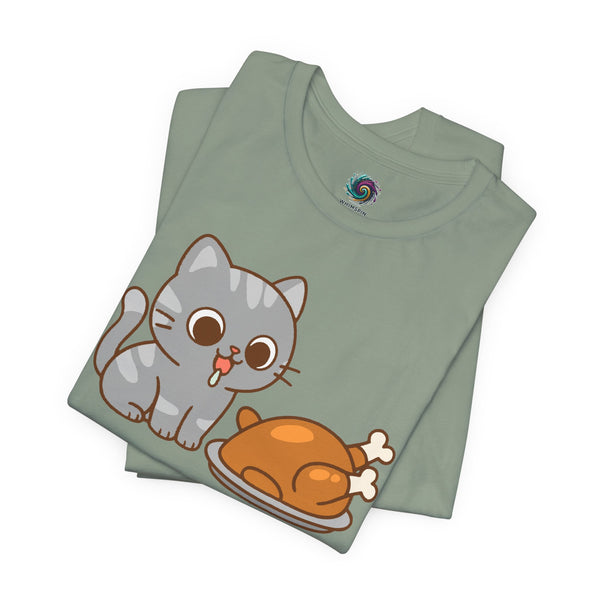 Sage green crew-neck T-shirt with gray cat and orange turkey cartoon graphic