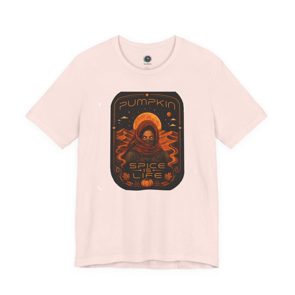 Soft pink graphic T-shirt with orange “Pumpkin” sci-fi spice face print on chest