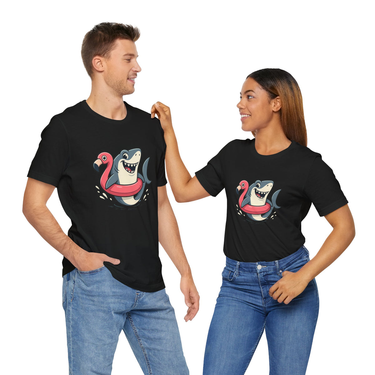 Matching black shark and flamingo floatie T-shirts on two people, crew neck