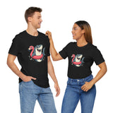 Matching black shark and flamingo floatie T-shirts on two people, crew neck