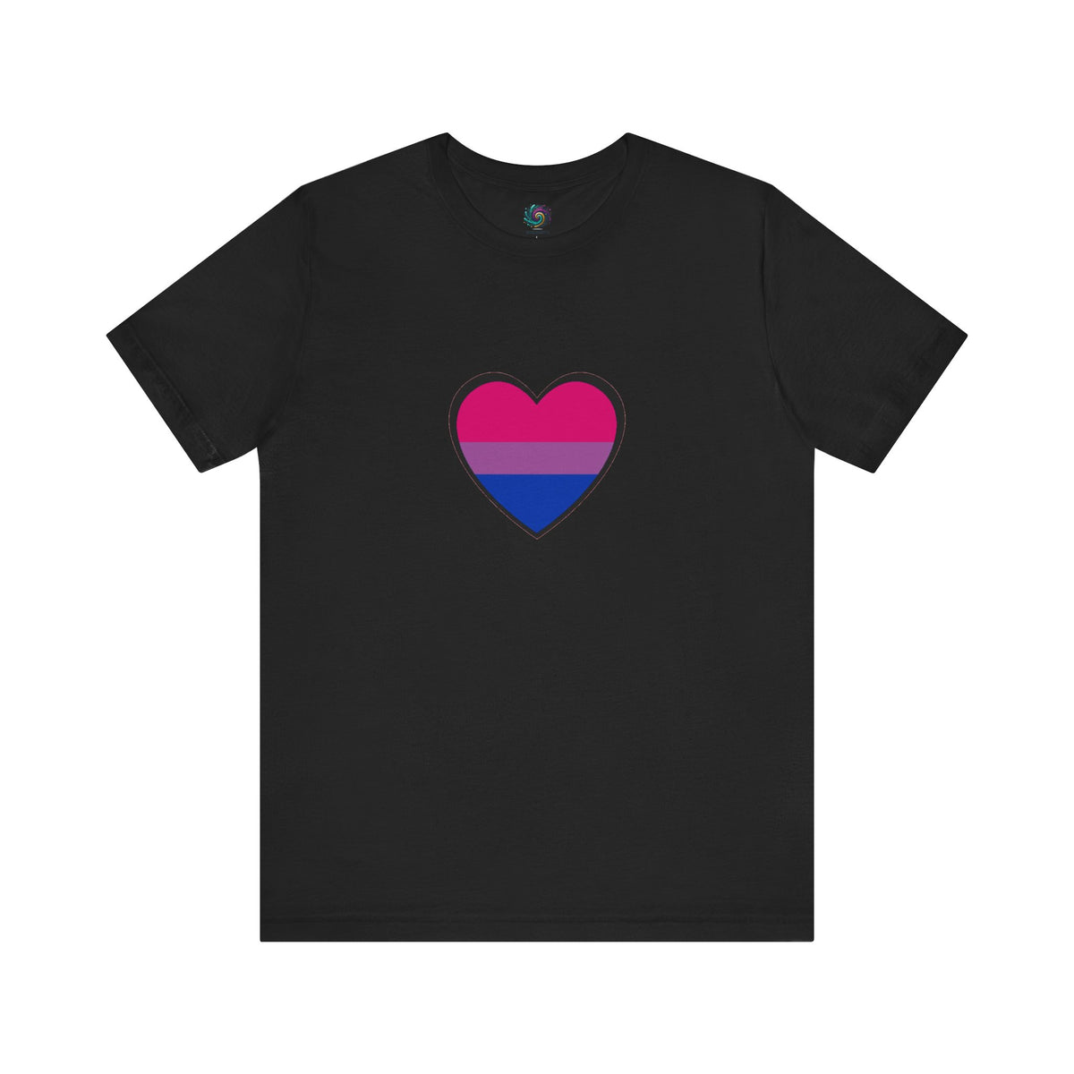 Black bisexual pride heart graphic T-shirt with pink and blue heart design