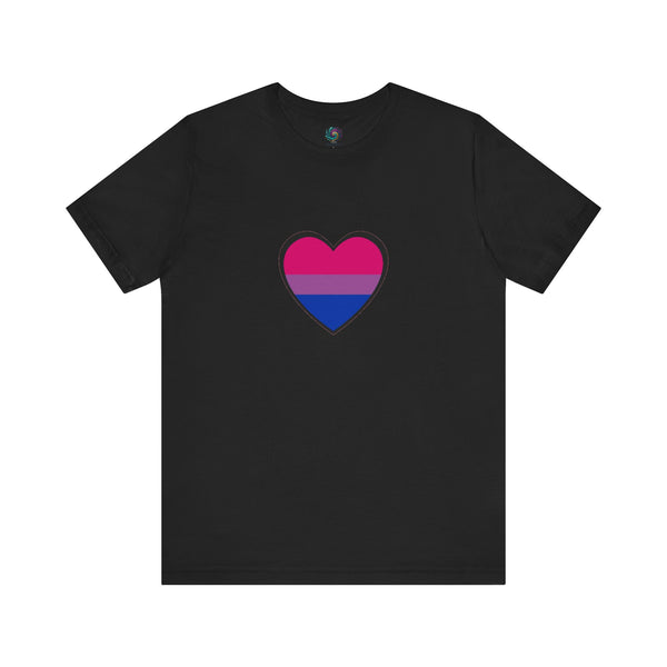 Black bisexual pride heart graphic T-shirt with pink and blue heart design