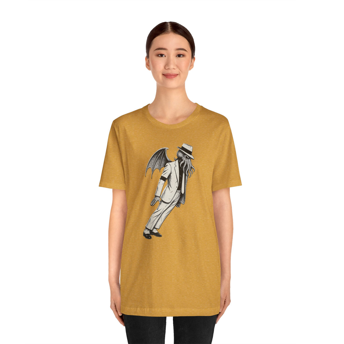 Mustard crew-neck T-shirt with black front graphic print, short sleeves