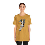 Mustard crew-neck T-shirt with black front graphic print, short sleeves