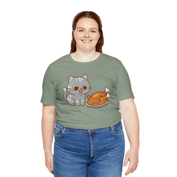 Sage green crew-neck T-shirt with gray cat and orange turkey cartoon graphic