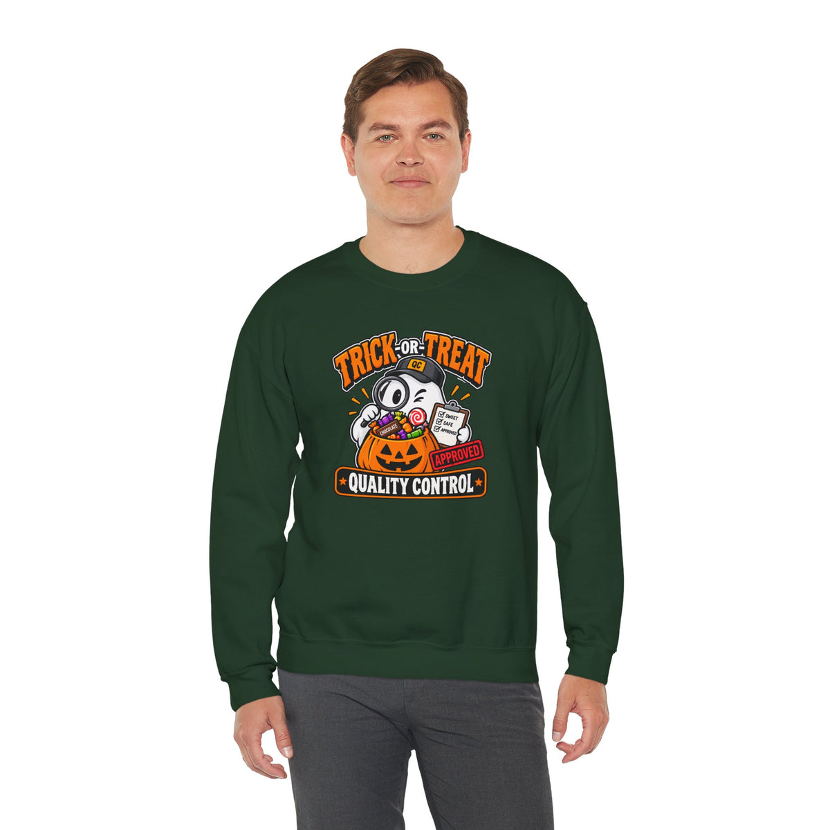 Trick-or-Treat Quality Control Sweatshirt – Funny Halloween Cozy Top